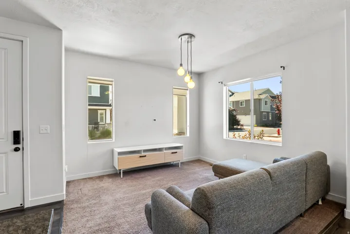 Living space featuring light gray walls, brown carpet, and a white entry door with black hardware