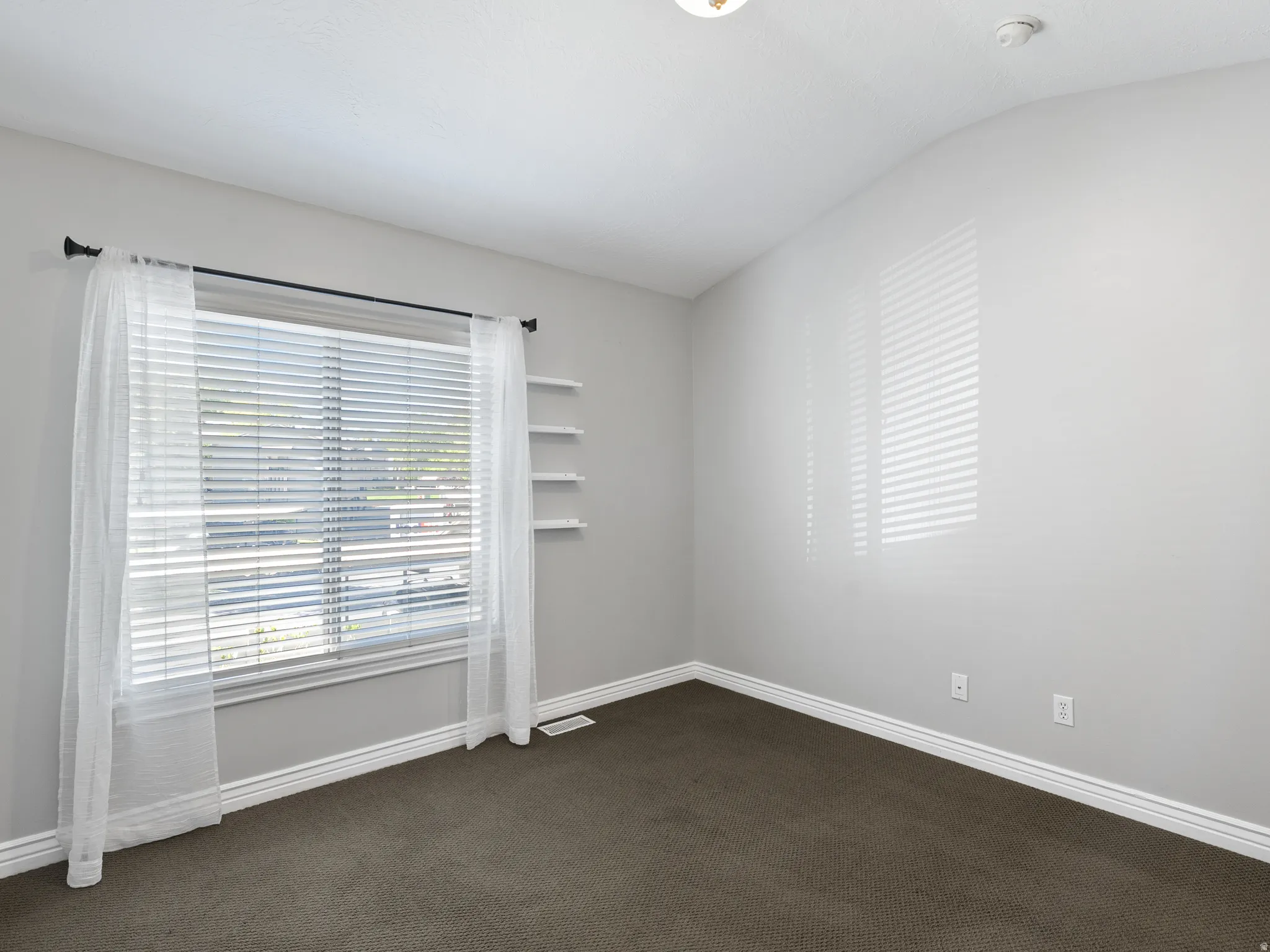 Neutral wall tones complement the dark carpet flooring