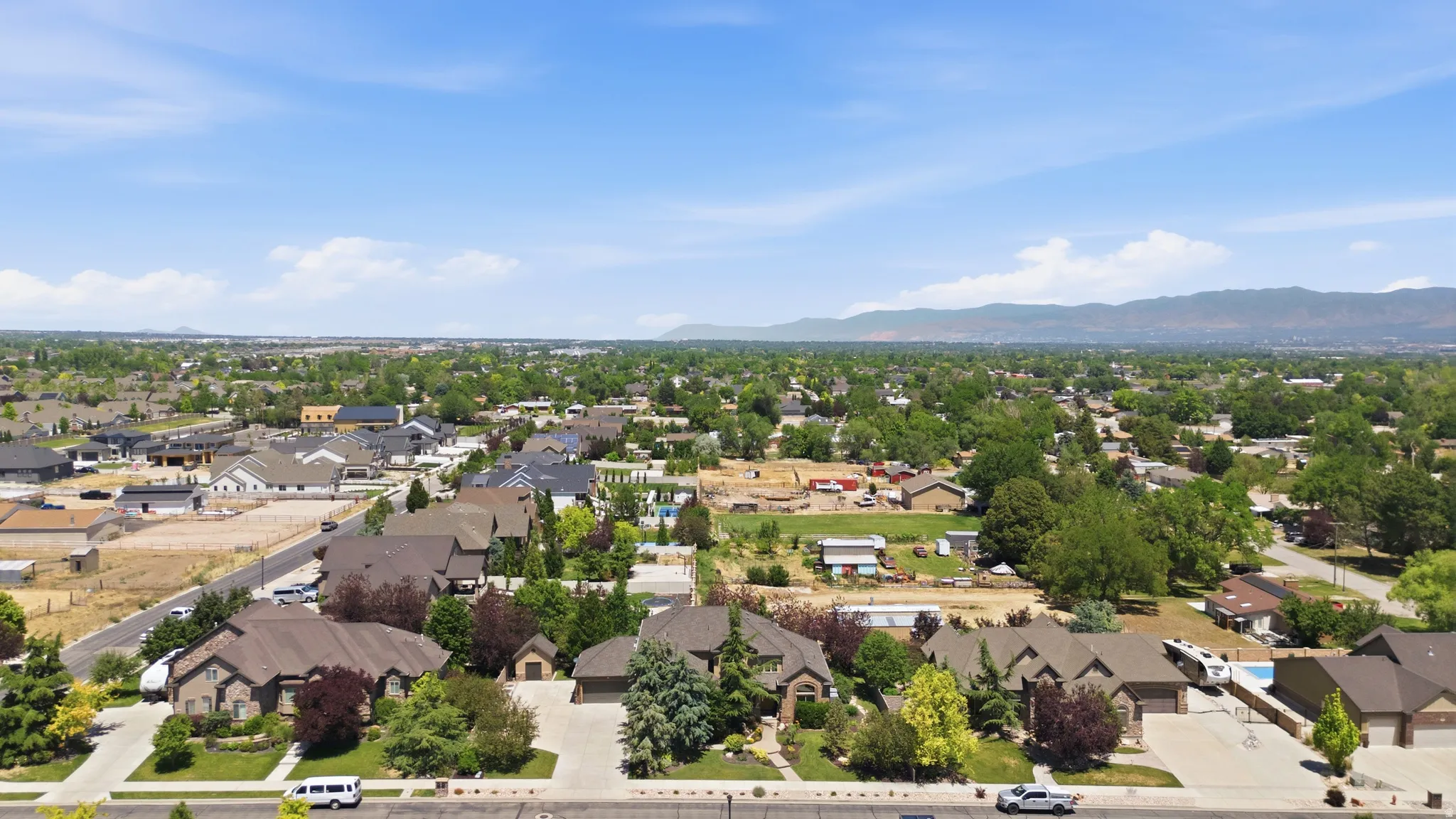 Expansive aerial perspective showcasing a residential neighborhood with diverse architectural styles and mature landscaping