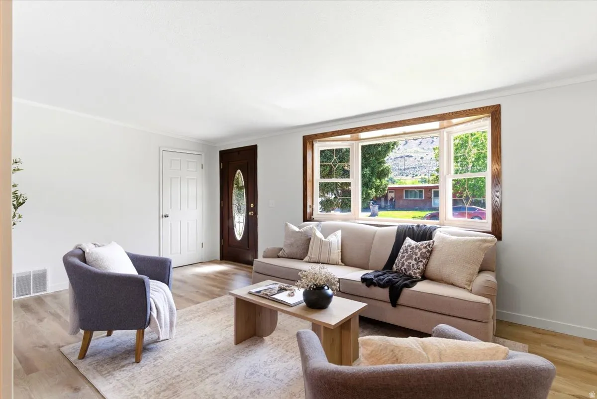 Living area featuring a prominent bay window with decorative trim, wood-finish flooring, white walls, and a dark wood entry door with an oval glass insert