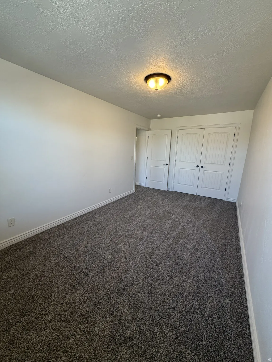 Neutral wall tones complement the dark gray carpet