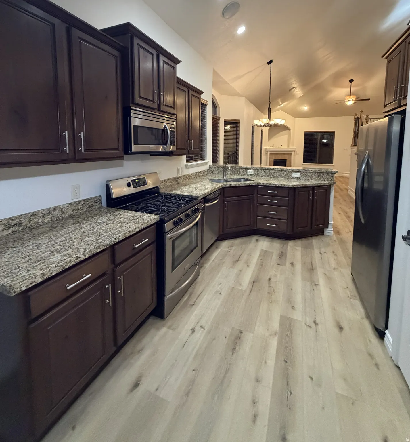 Kitchen featuring dark wood cabinetry, light-toned wood-finish flooring, stainless steel appliances, granite countertops, and recessed lighting
