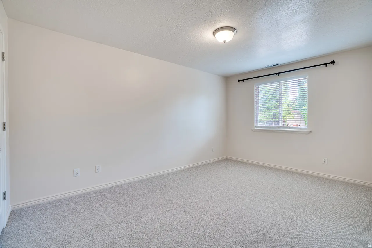 Carpeted room with a single window featuring horizontal blinds