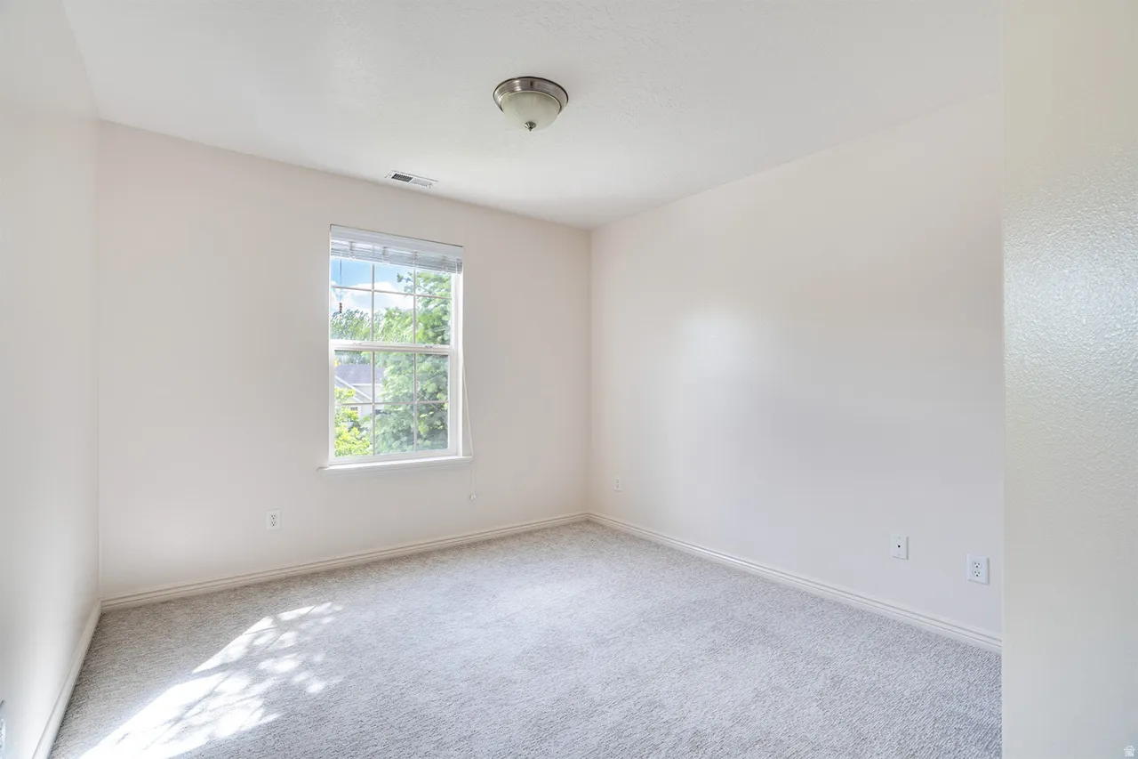 Carpeted room with a double-hung window, crown molding, and a ceiling-mounted light fixture