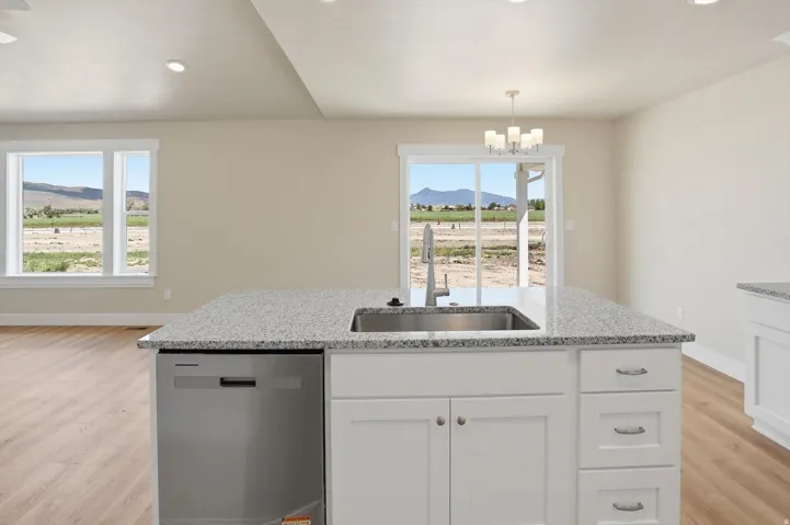 Kitchen island with a stainless steel sink, gooseneck faucet, and integrated dishwasher