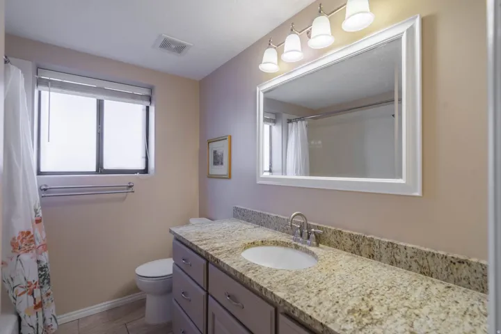 2nd Full Bathroom, downstairs,  featuring a spacious vanity with a light-toned stone countertop, an undermount sink, and brushed nickel fixtures