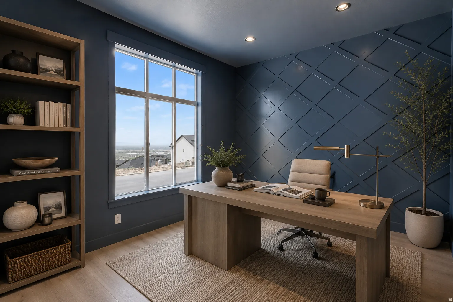 Dedicated office space featuring a large window, a built-in wooden bookshelf, recessed lighting, a geometric accent wall, and wood-finish flooring