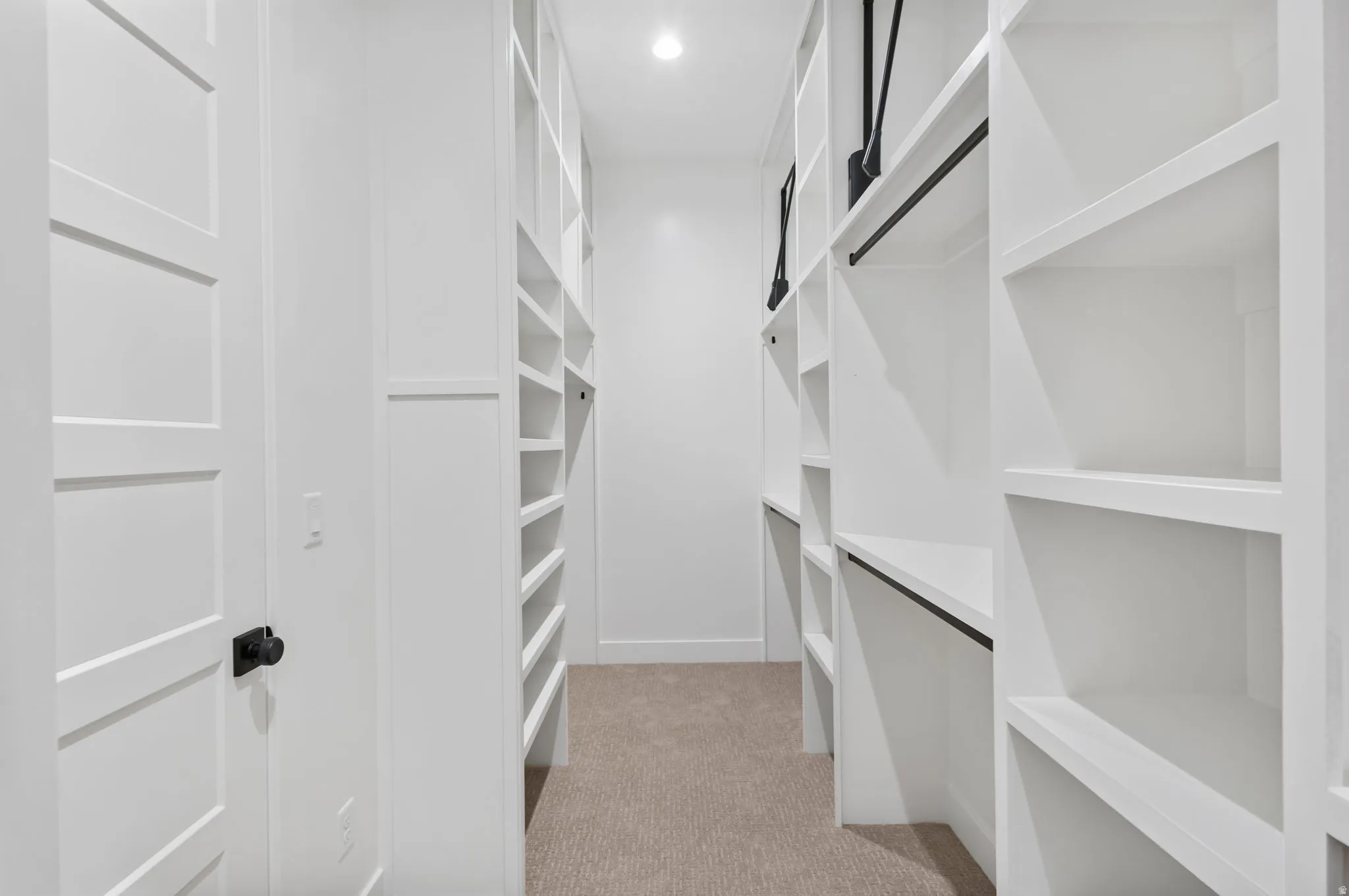 Walk-in closet featuring extensive built-in shelving, hanging rods, recessed lighting, and carpet flooring