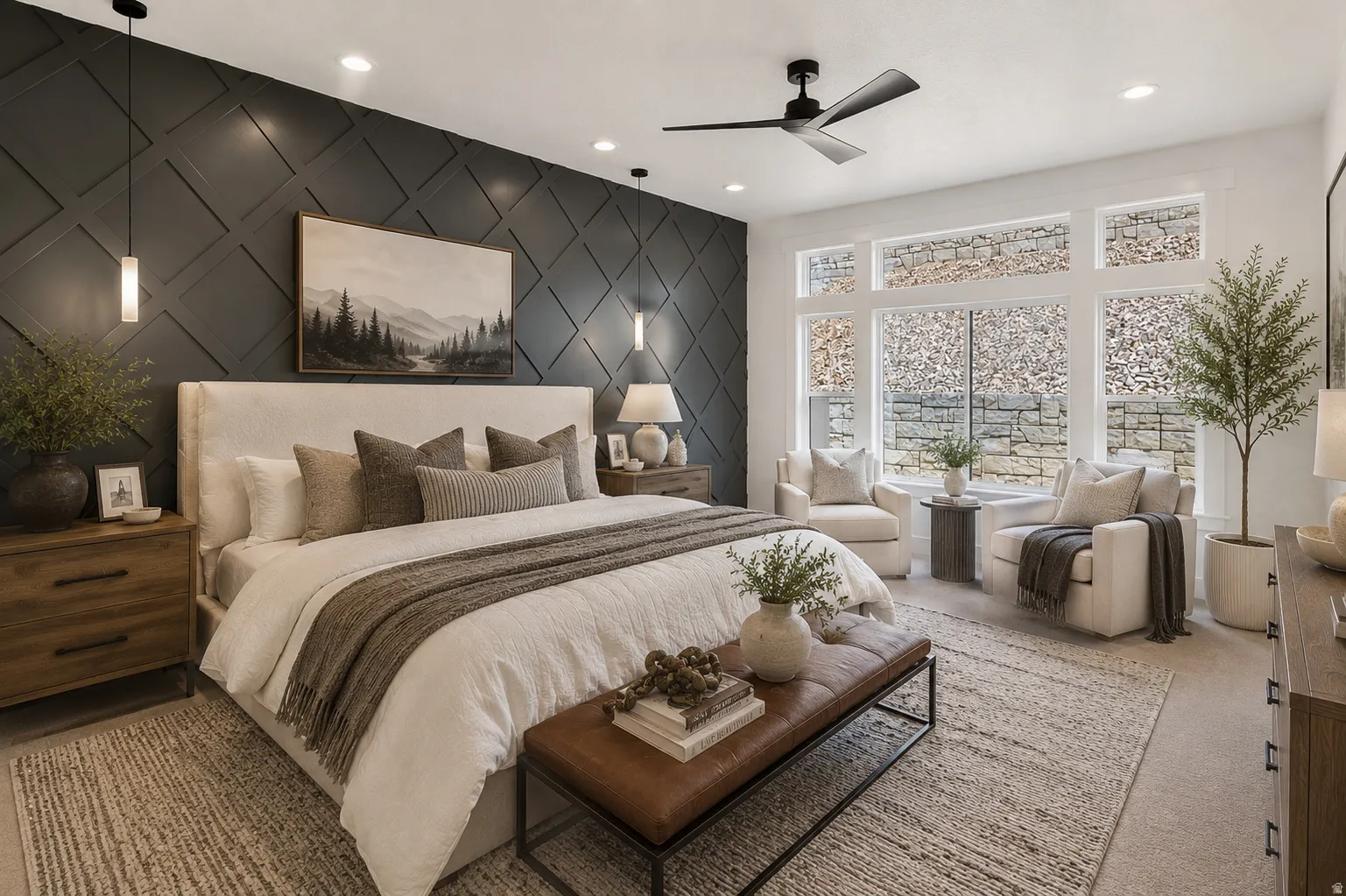 Staged primary bedroom.