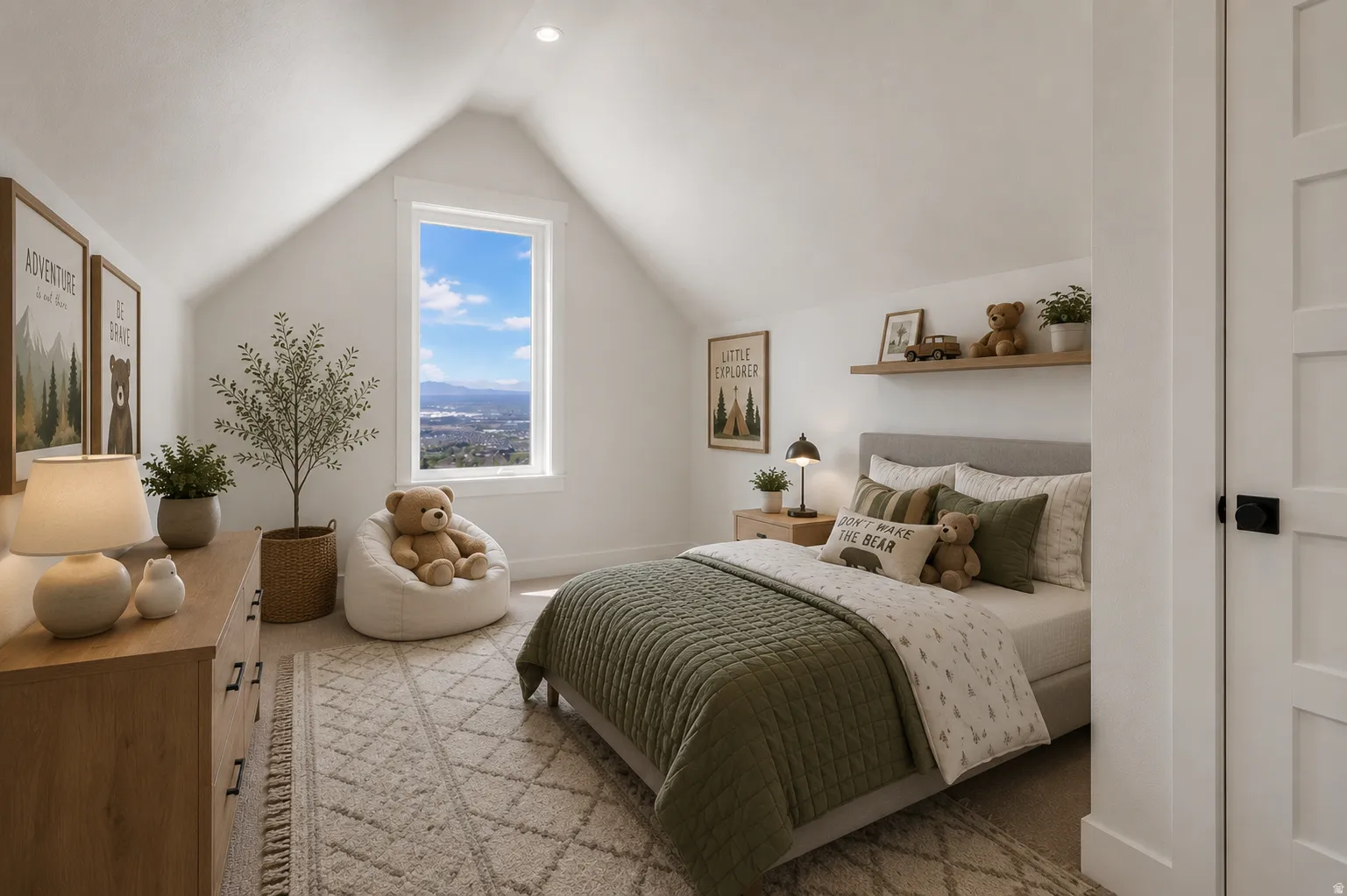 Vaulted white ceilings with recessed lighting, large window with outdoor scenery, light-toned wood-finish dresser, neutral patterned area rug, and a four-panel interior door with black hardware