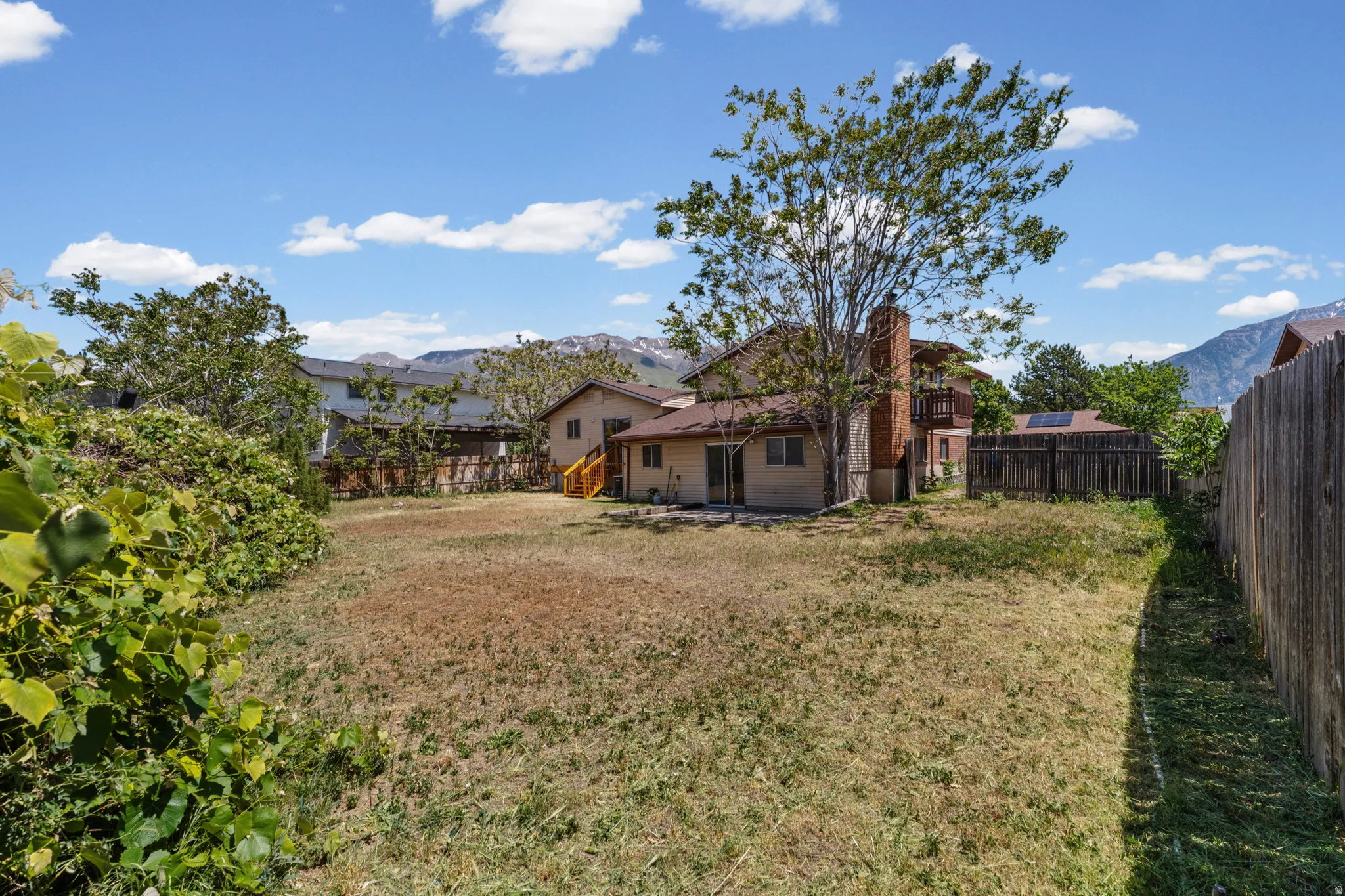 Expansive backyard featuring a mature tree, a privacy fence, and a patio area