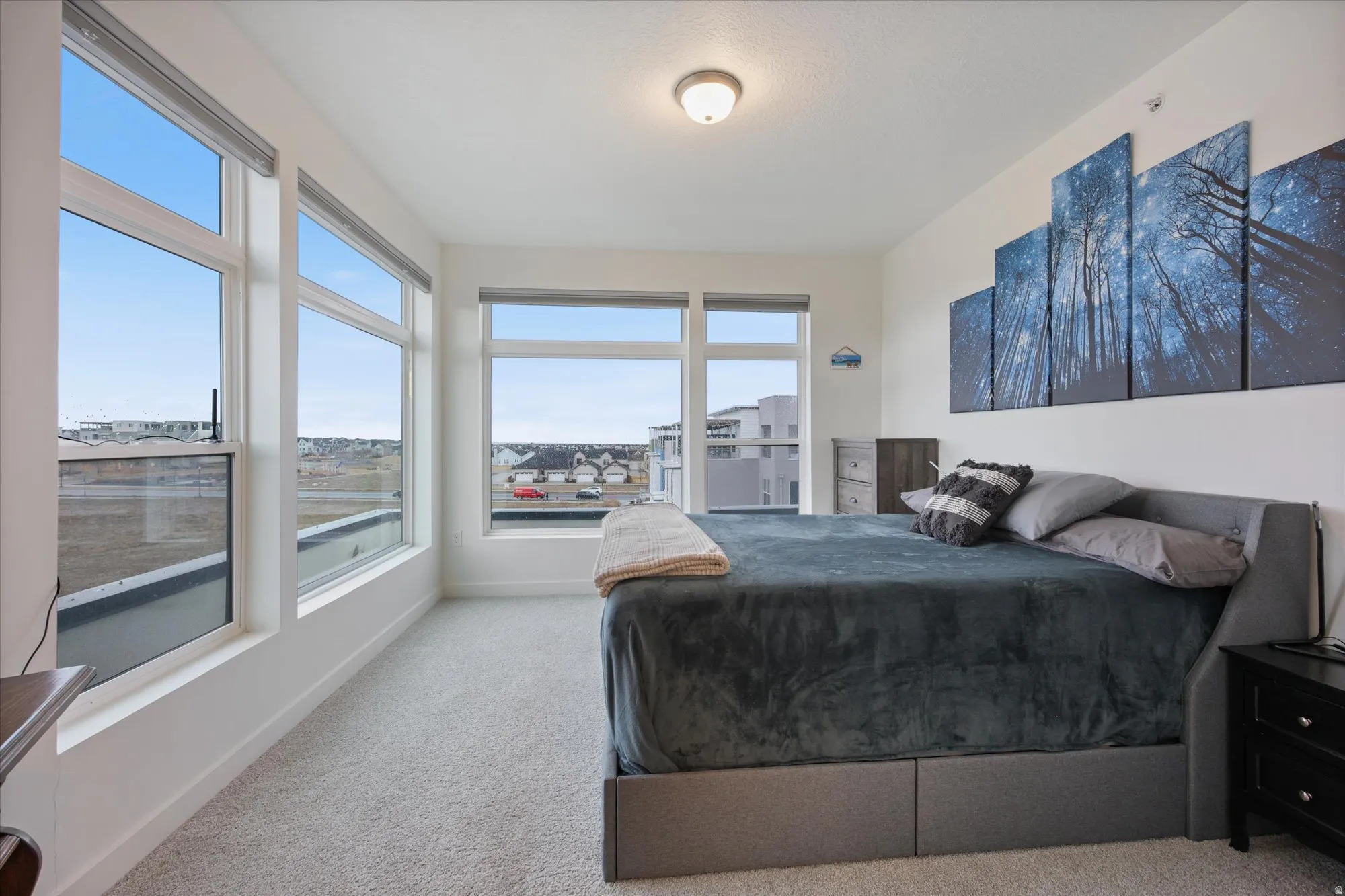 Bright bedroom with floor-to-ceiling windows, light carpeting, and a neutral color palette
