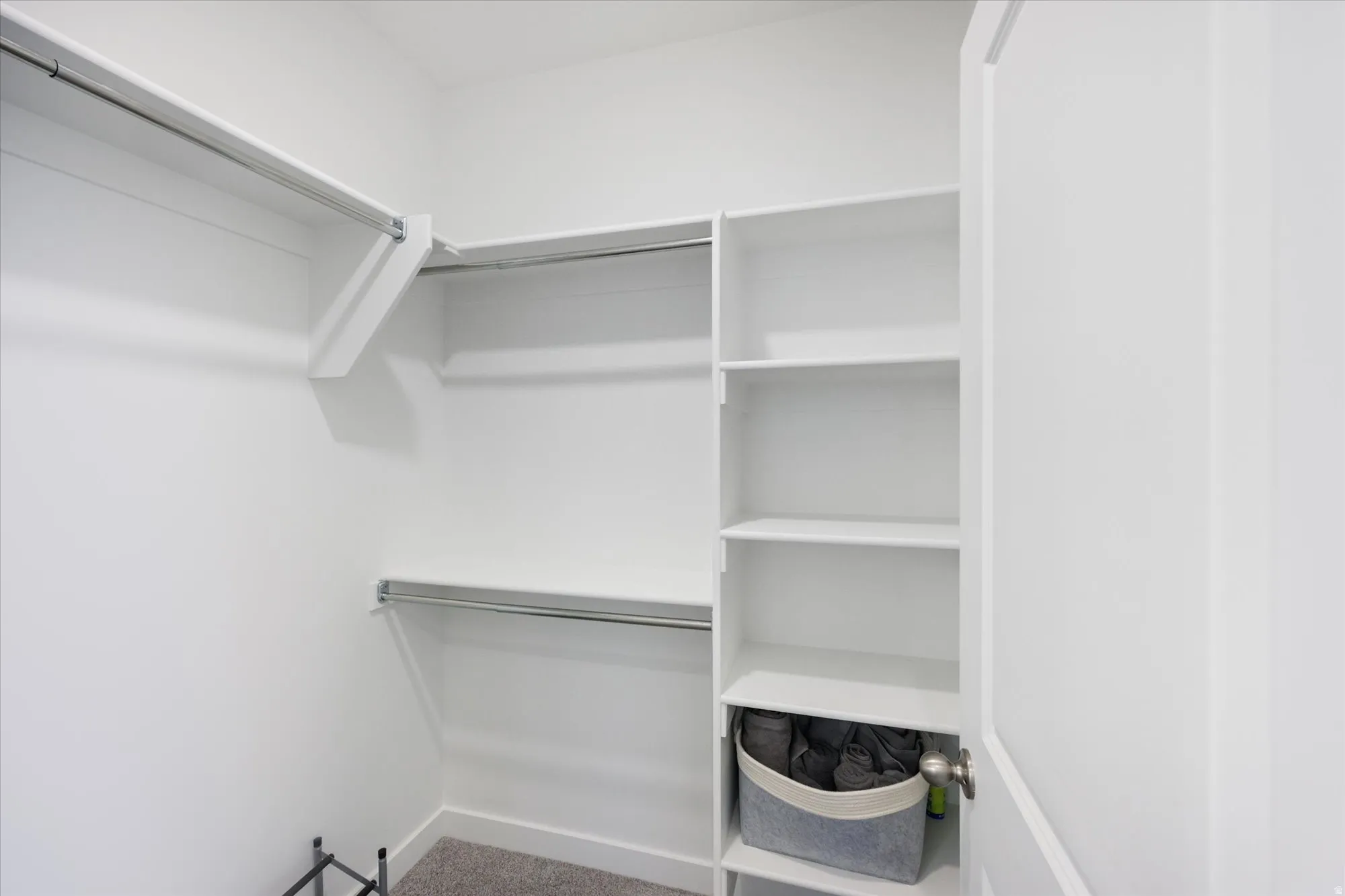 Walk-in closet featuring built-in shelving, chrome hanging rods, white-painted walls, and gray carpet flooring