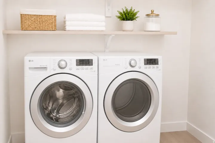 Dedicated laundry area featuring front-loading appliances, a light-toned floating shelf, and light wood-finish flooring. AI decor