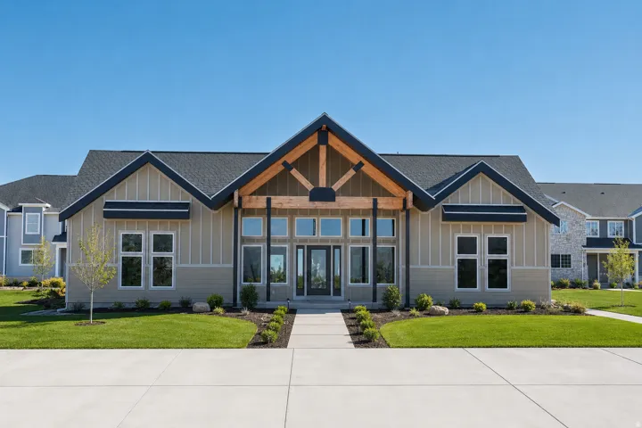 Modern farmhouse style exterior featuring vertical and horizontal siding