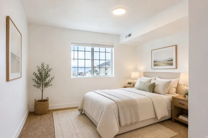 Carpeted room with a large window featuring grid panes. AI Decor