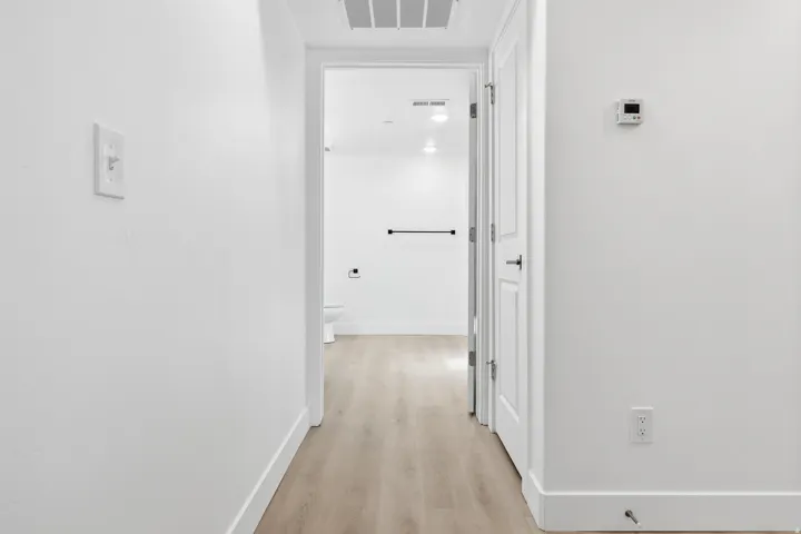 Hallway with wood-finish flooring extending into a bright room