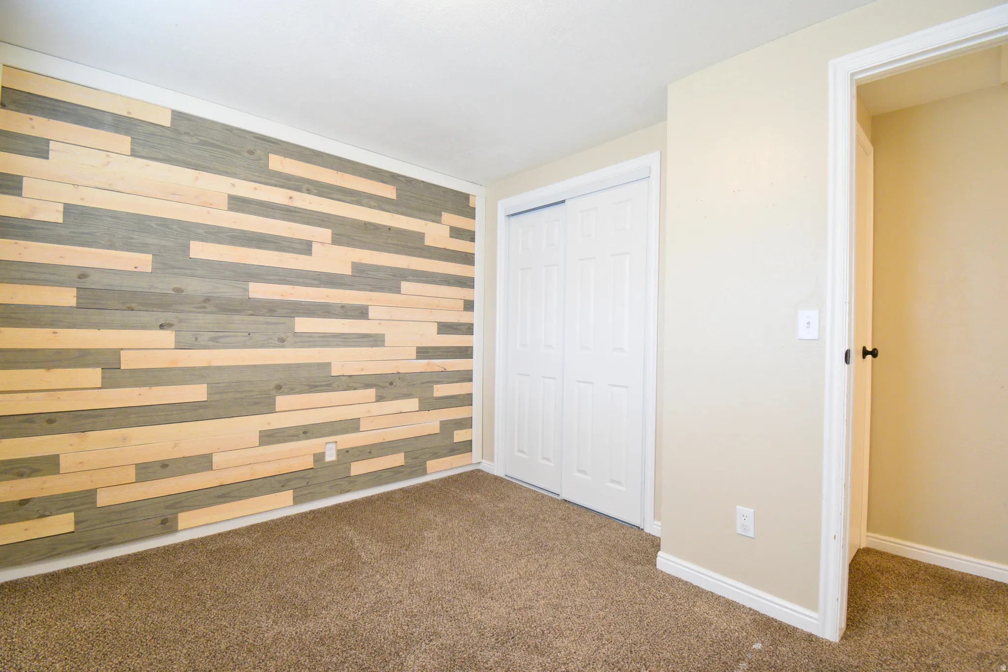 Accent wall with horizontal wood planks featuring varied natural and grey tones, light beige wall paint, white baseboards, white trim, and brown carpet flooring