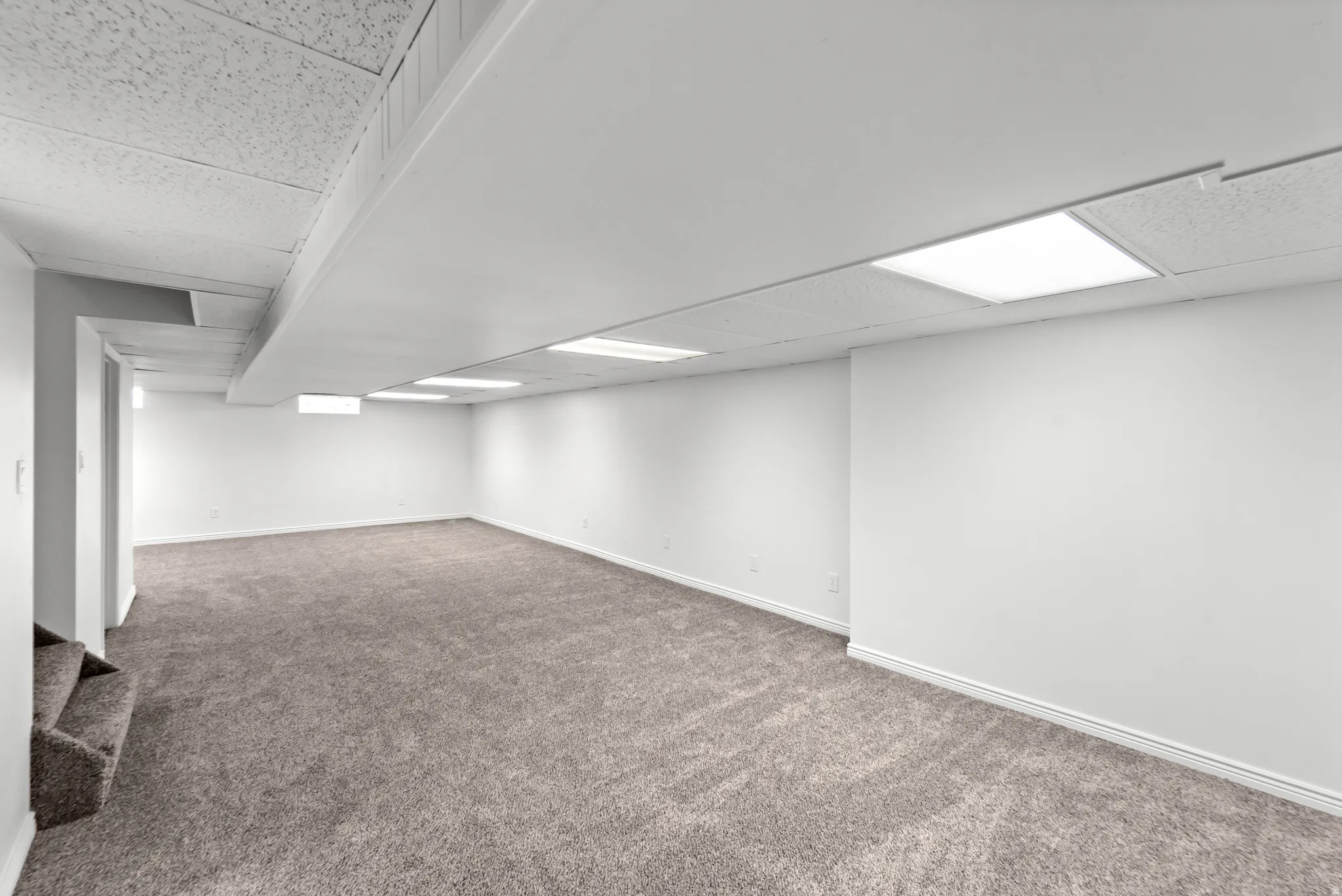 Expansive room featuring neutral carpet flooring, white walls, and a combination drop ceiling with integrated rectangular lighting fixtures