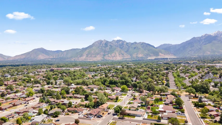 Expansive residential landscape featuring mature trees and a distant mountain range backdrop