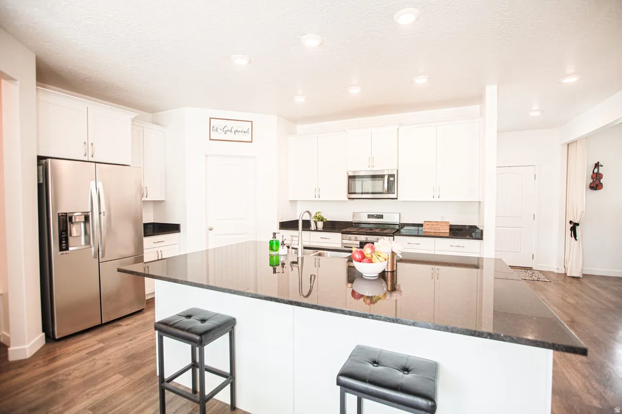 Kitchen featuring a large island with a dark countertop, white cabinetry, stainless steel appliances, and recessed lighting