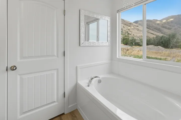 White paneled door with a brass-finish knob, wood-finish flooring, a white built-in bathtub with a chrome faucet, a large window with a mountain backdrop, and a decorative framed mirror