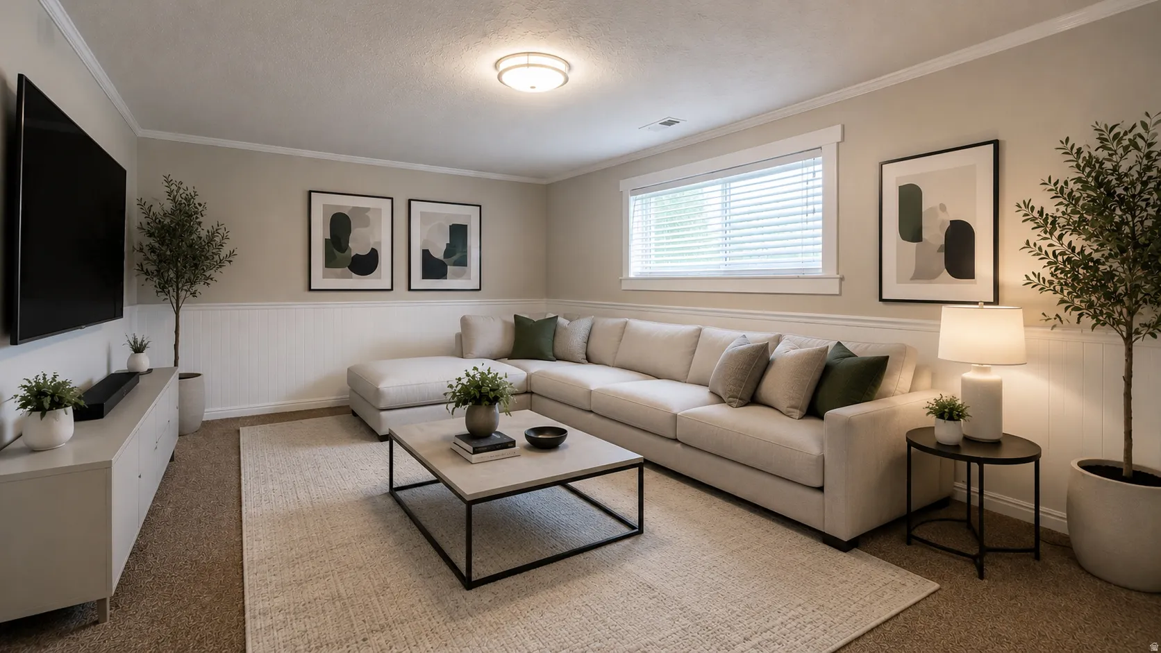 Virtually Staged Basement Family Room