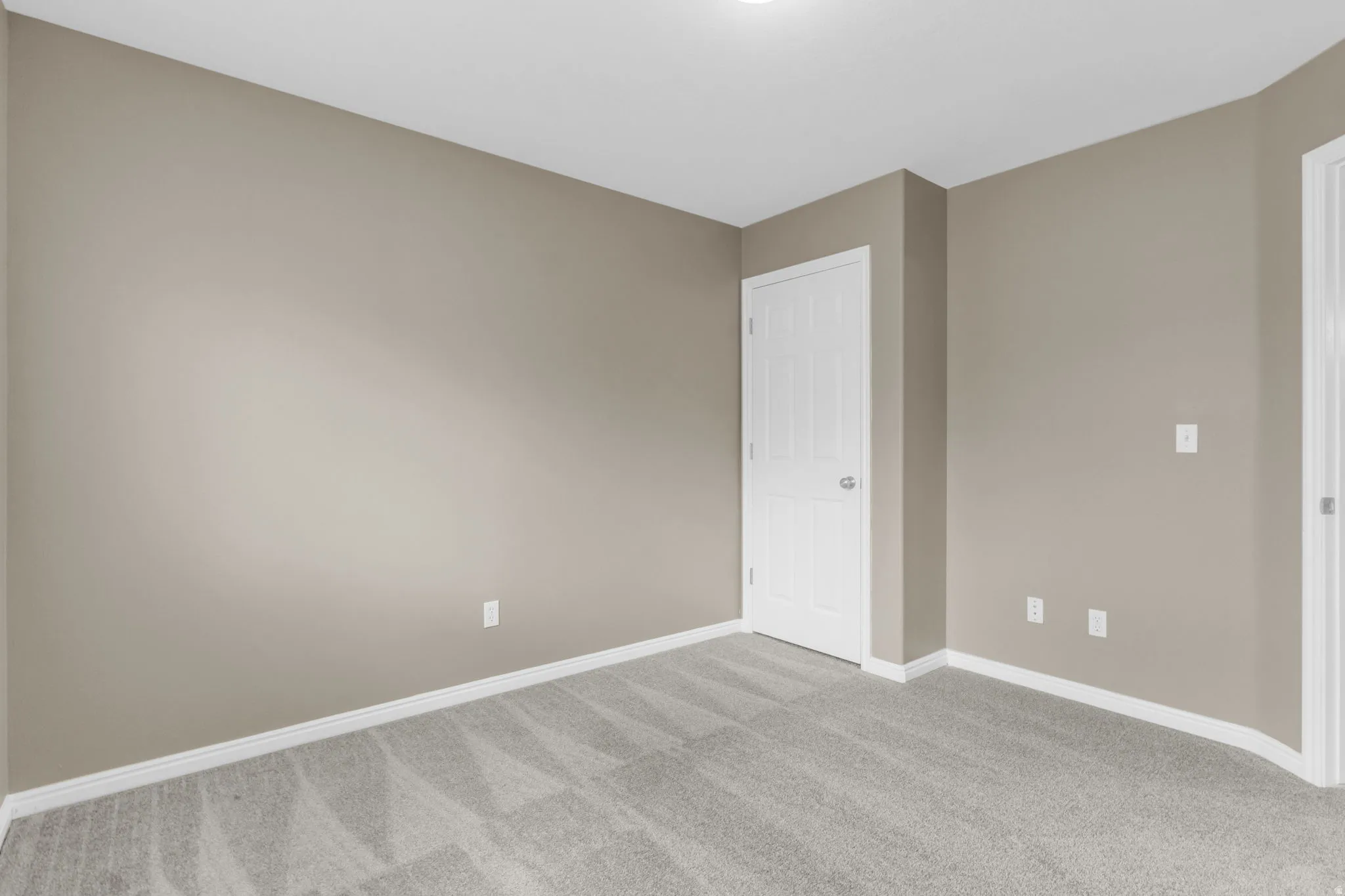 Neutral-toned walls complement the light gray patterned carpeting.
