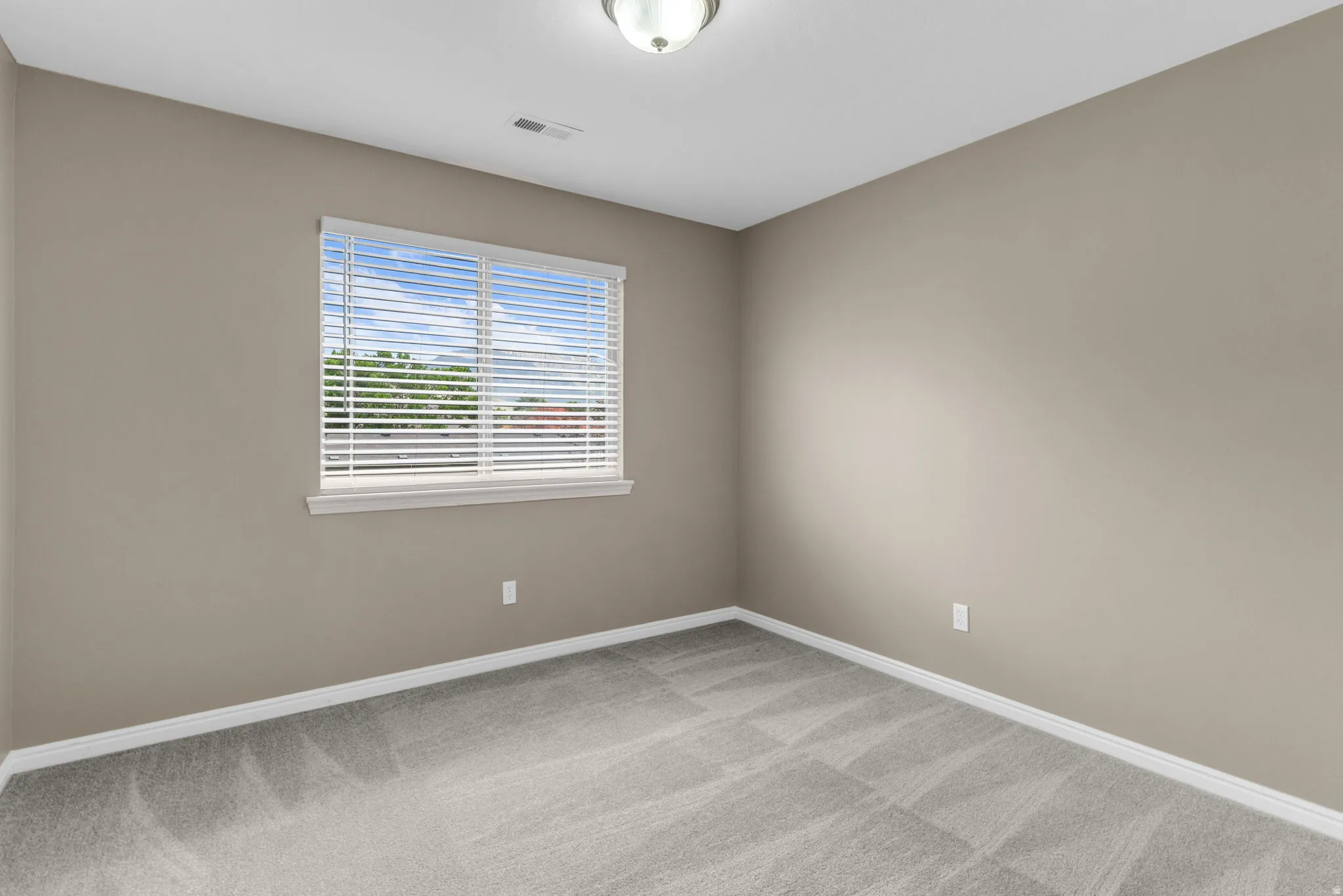 Neutral wall tones complement light-toned carpeting, a window with white blinds, and white baseboards.