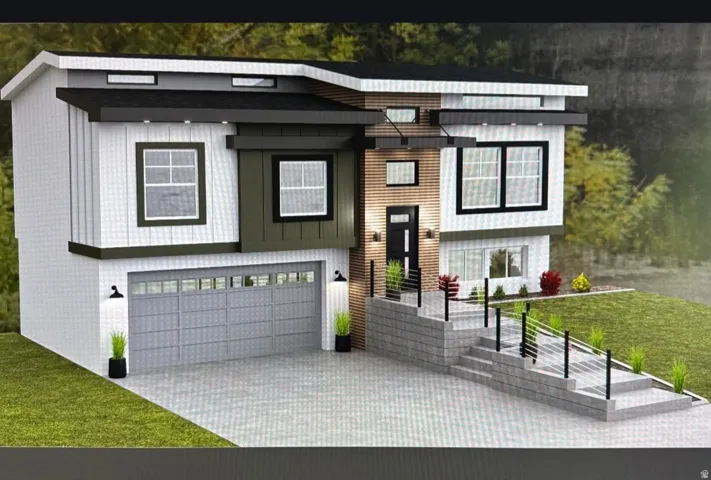 Contemporary multi-level residence featuring a flat roofline, vertically oriented siding, a modern garage door with upper-level windows, and an exterior staircase with black railings leading to the front entry