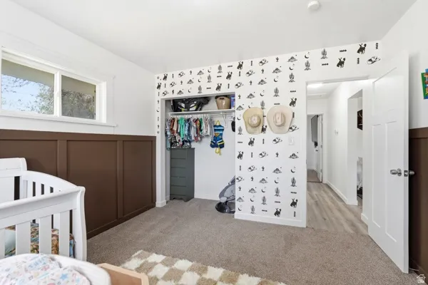 Carpeted room featuring a white ceiling, white walls with decorative accents, and a brown wainscoting detail