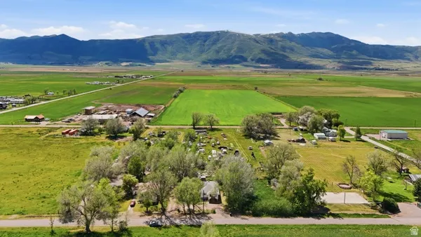 Expansive property featuring verdant fields, a distant mountain range, and scattered mature trees