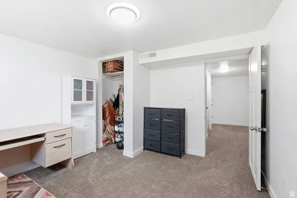 Carpeted room with white walls, featuring a built-in closet, a white storage cabinet with glass doors, and recessed ceiling lighting