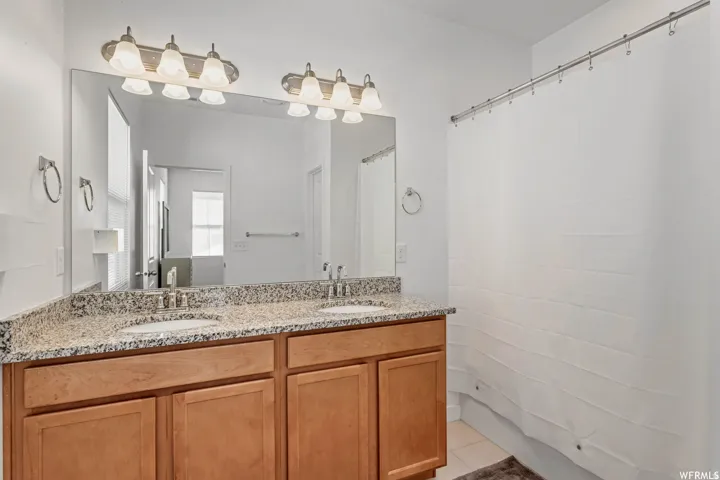Bathroom featuring a dual vanity with light-toned cabinetry, granite-finish countertops, and two undermount sinks