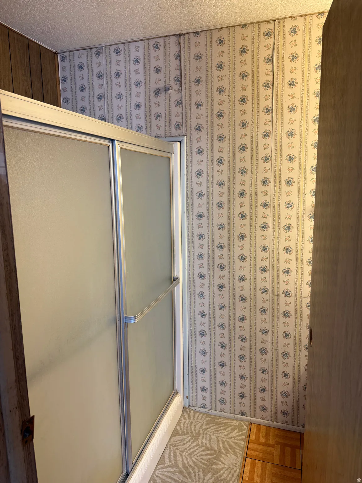 Shower enclosure with frosted glass panels and metal framing
