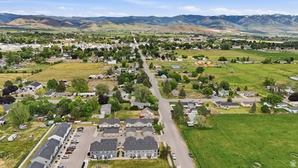 Expansive aerial perspective showcasing a community with varied residential architecture
