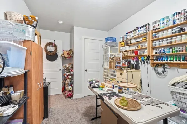 Dedicated workspace featuring carpeted flooring and white walls