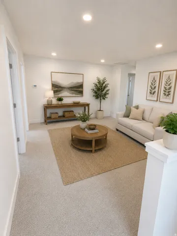 Light-toned carpeted living space with recessed lighting