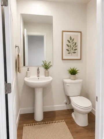 White pedestal sink with a chrome faucet, set against warm wood-finish flooring