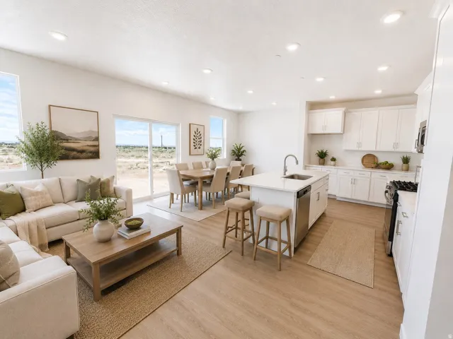 Open-concept living area with wood-finish flooring, recessed lighting, and a sliding glass door