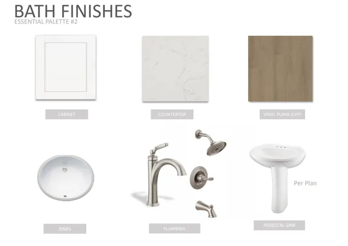 Bath Finishes, Essential Palette #2. Presenting material and fixture selections for the property's bathing areas