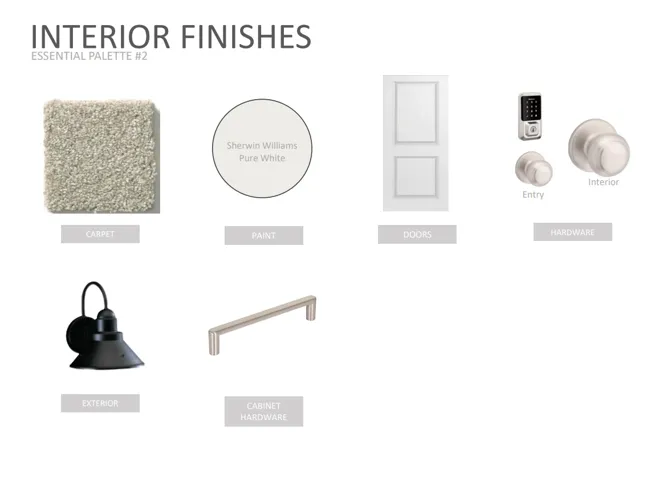 Interior Finishes Selection. Presenting the specified materials and products for the property's interior and exterior elements