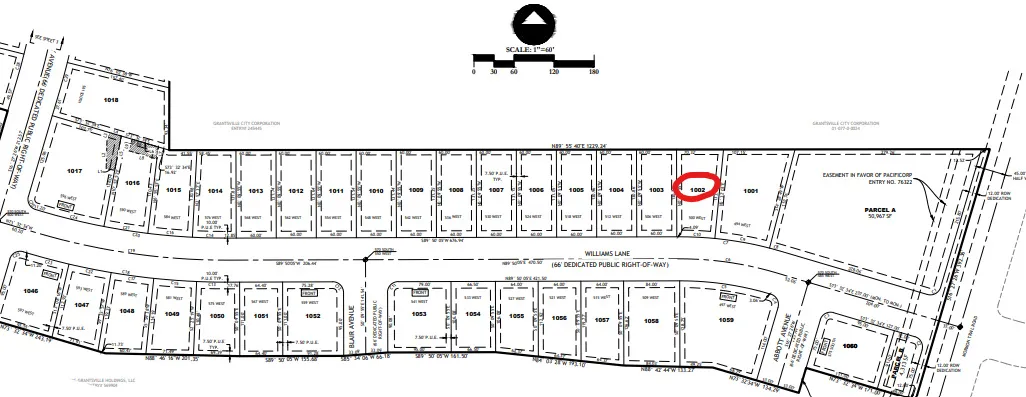 Plat Map. Illustrating the division of a land parcel into individual lots with associated dimensions and property identifiers