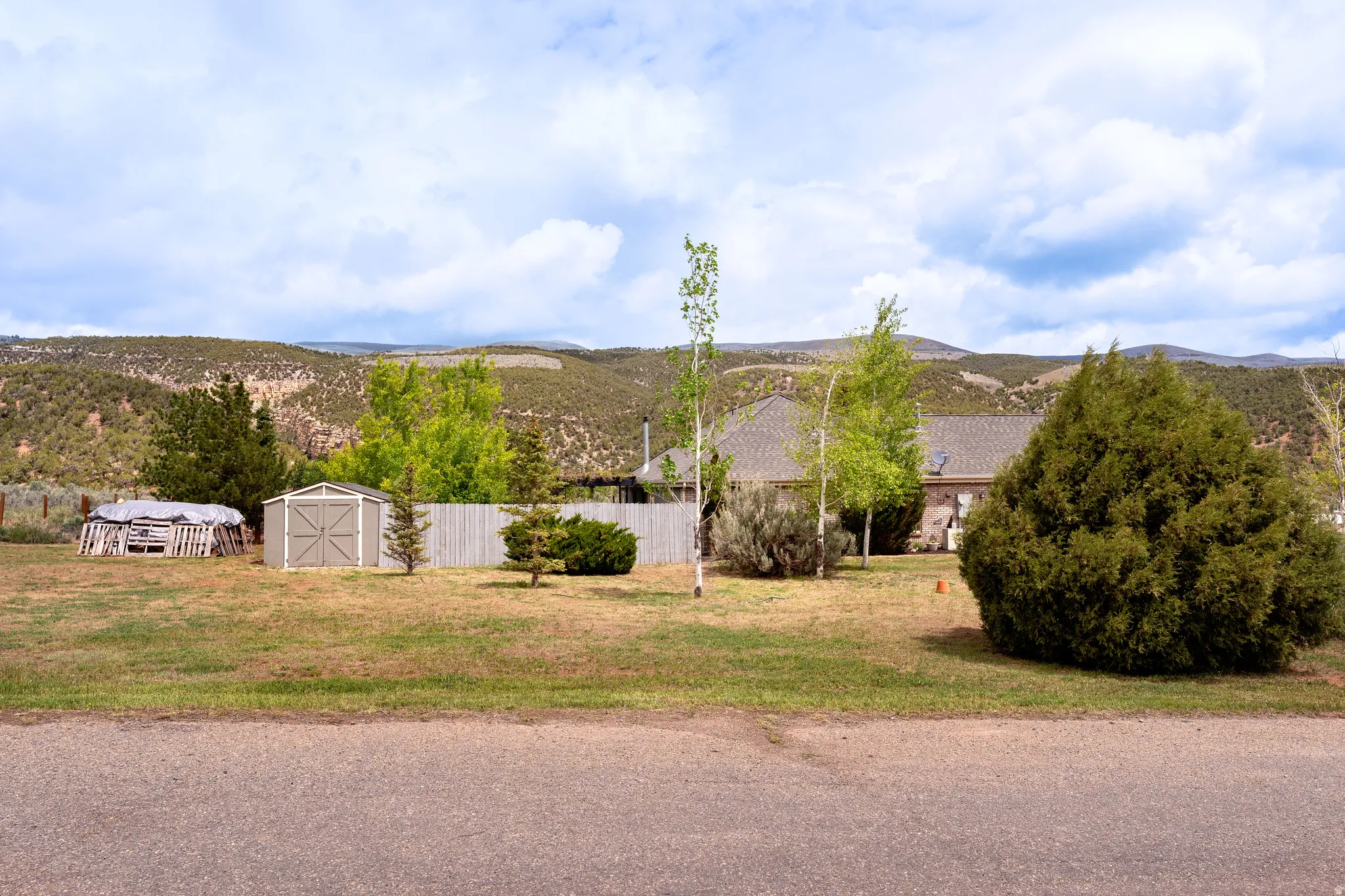 Expansive property featuring a detached storage shed, mature evergreen shrubs, various deciduous trees, and a wooden privacy fence