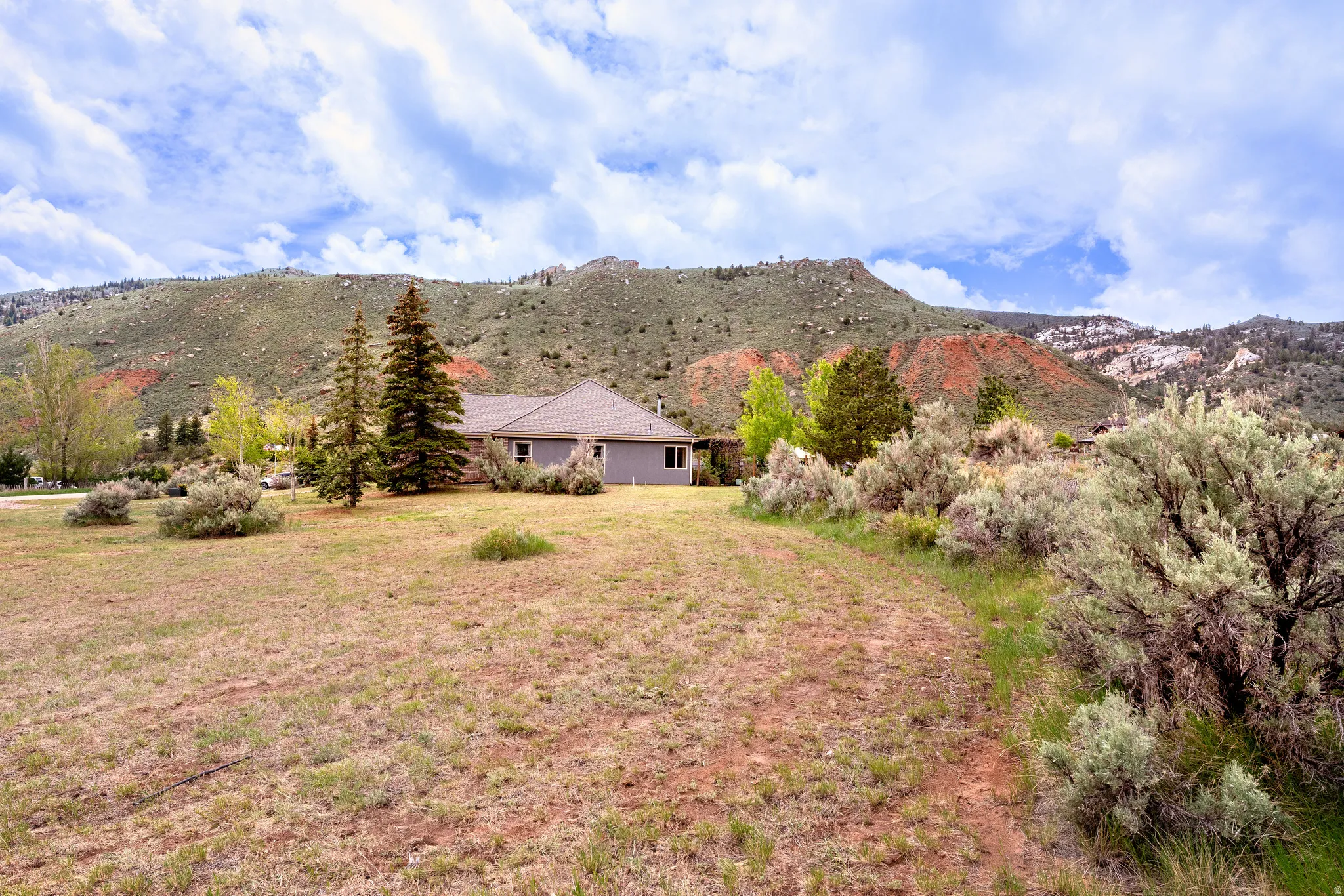 Expansive property featuring a grey exterior residence with a brown roof, mature evergreen trees, scattered shrubs, and a prominent mountainous backdrop