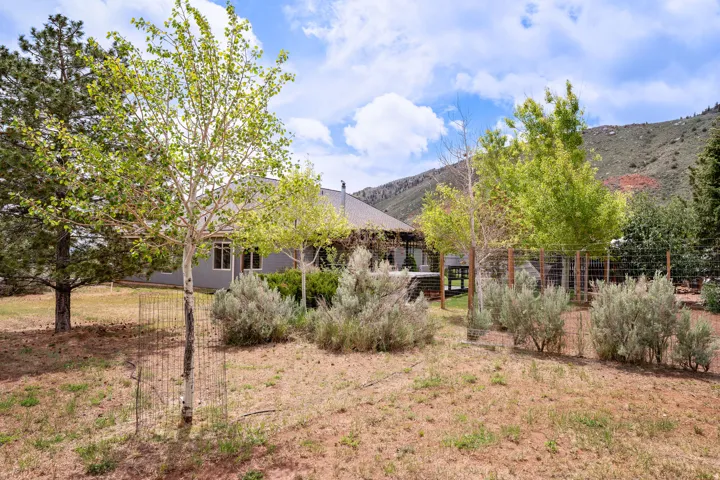 Expansive backyard space featuring a gray exterior residence with multiple windows and a covered patio area