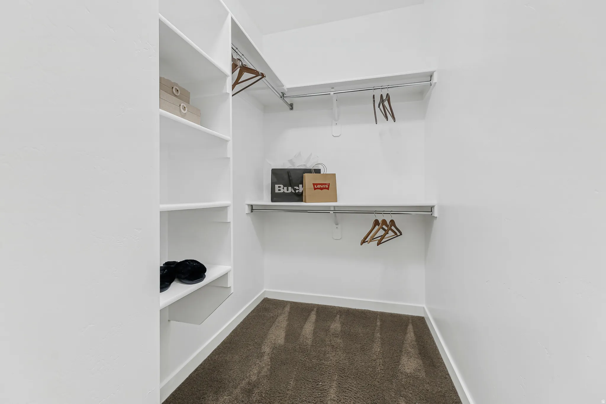 Primary walk-in closet featuring built-in shelving, dual hanging rods, and neutral-toned carpeting