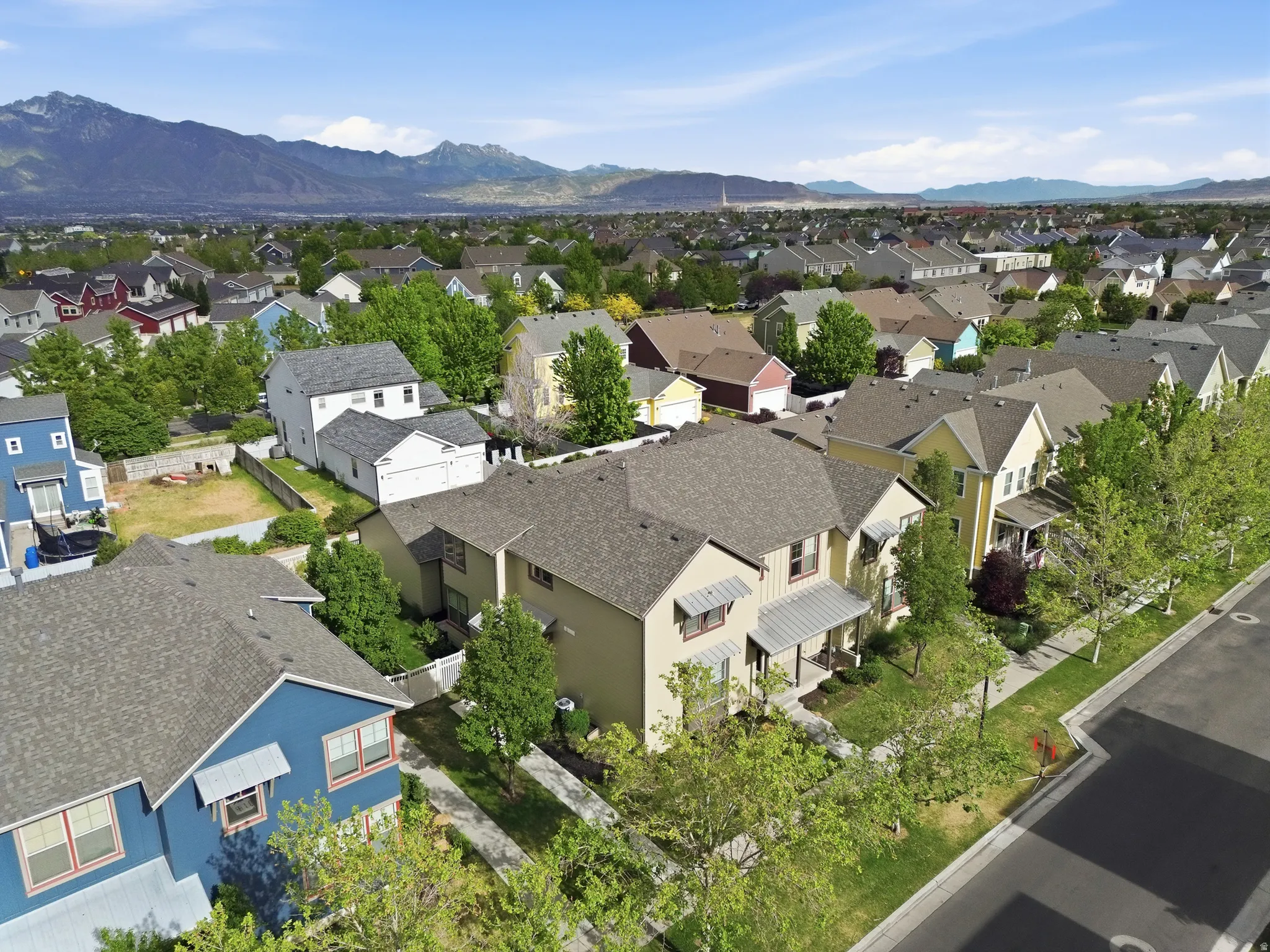 Residential neighborhood featuring varied architectural styles and mature street trees