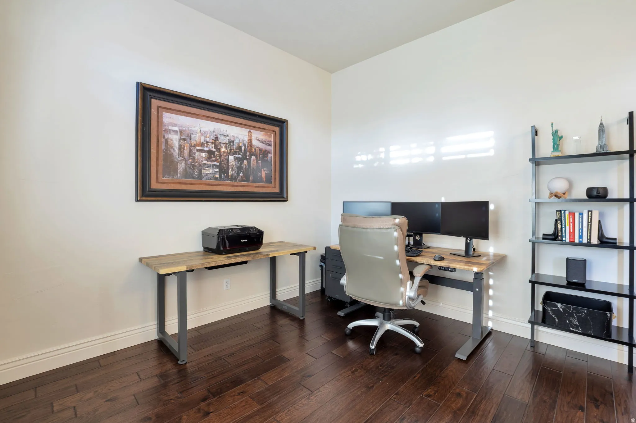 Rich wood-finish flooring provides a warm aesthetic