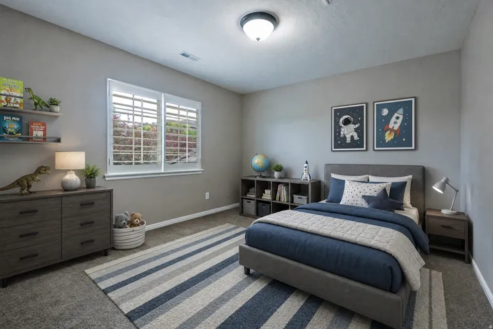 Bedroom featuring neutral wall paint, carpet flooring, a window with white plantation shutters, and a built-in overhead light fixture